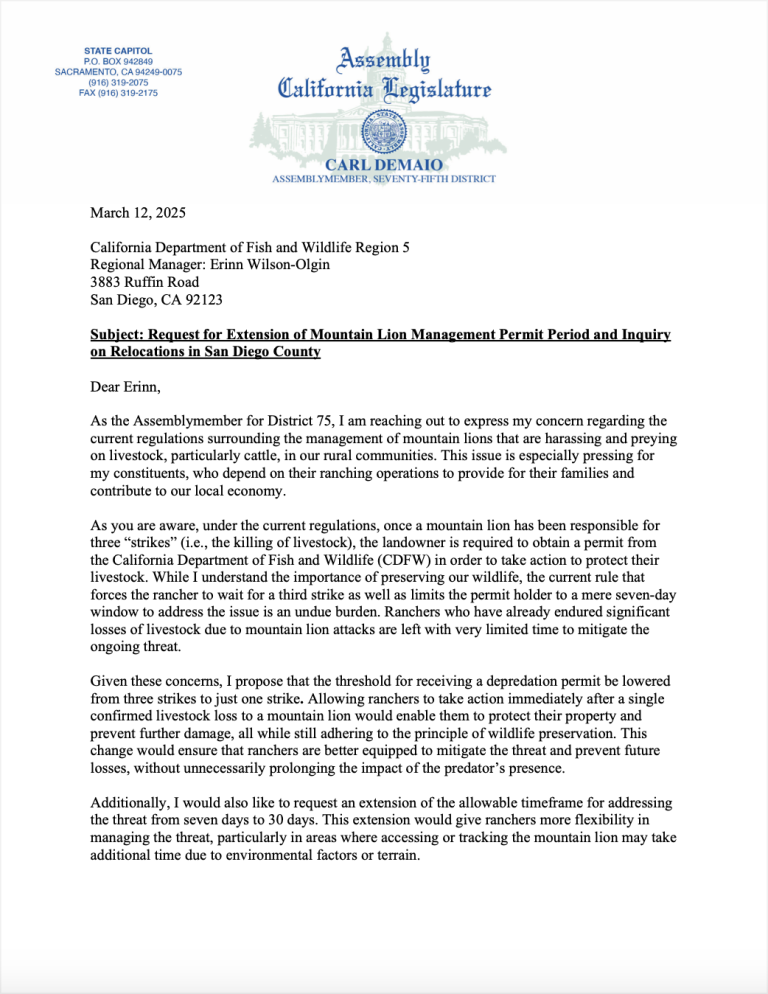 Re: Request for Extension of Mountain Lion Management Permit Period and Inquiry on Relocations in San Diego County