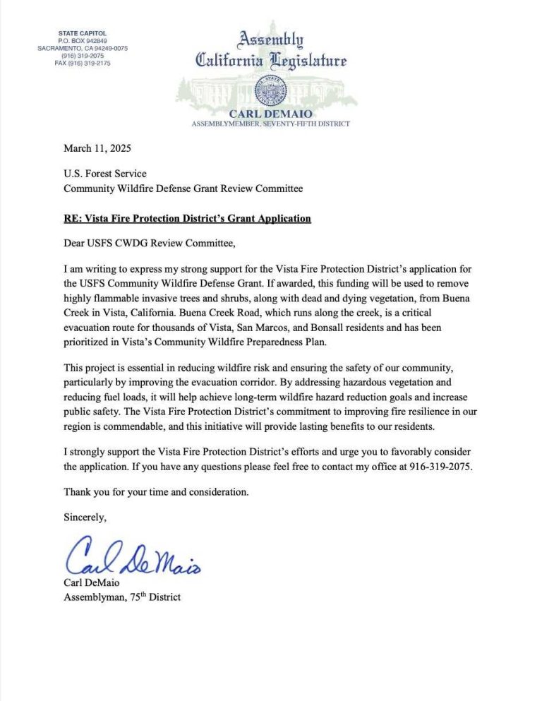 Re: Vista Fire Protection District’s Grant Application