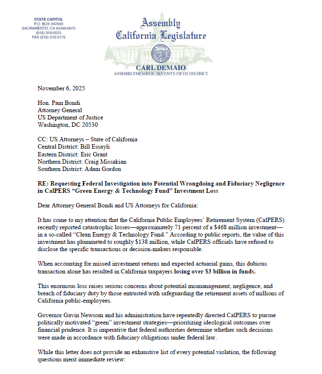 Re: Requesting Federal Investigation into Potential Wrongdoing and Fiduciary Negligence in CalPERS “Green Energy & Technology Fund” Investment Loss